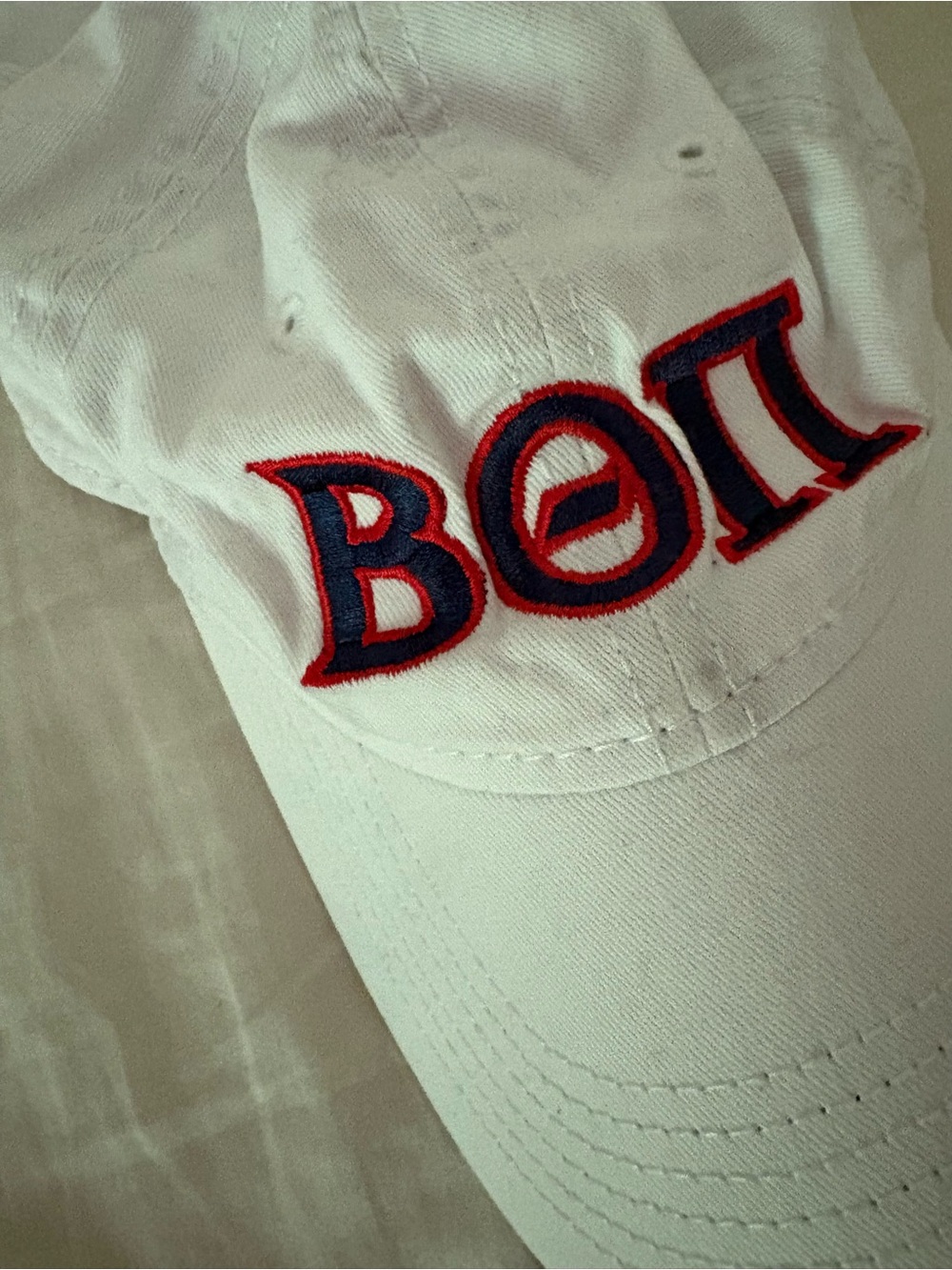 Beta Theta Pi White Baseball Cap with Red & Navy Embroidered Logo